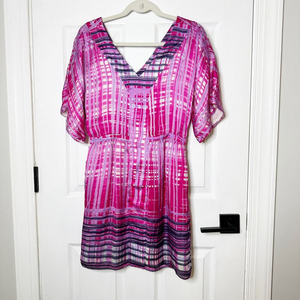 Adam Lippes Silk Mini Dress‎ Womens 6 Pink Purple Excellent Abstract V-Neck